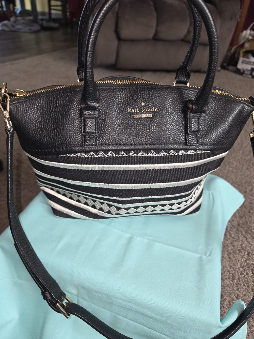 Kate Spade Black and White Striped Leather Satchel